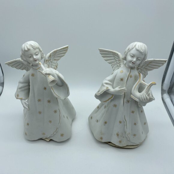 Vintage Pair Of SCHMID BROTHERS Music Box Angels Harp & Horn 7” - Picture 1 of 14
